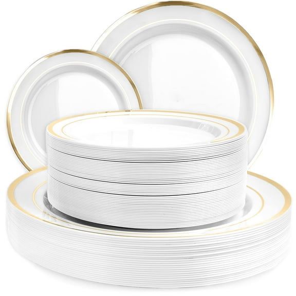 Aya's Cutlery Kingdom 100 Disposable White Plastic Plates with Gold Trim - Includes 50 (10-Inch) Plastic Dinner Plates and 50 (7.5-Inch) Salad Dessert Plates - Heavy Duty and Elegant Tableware