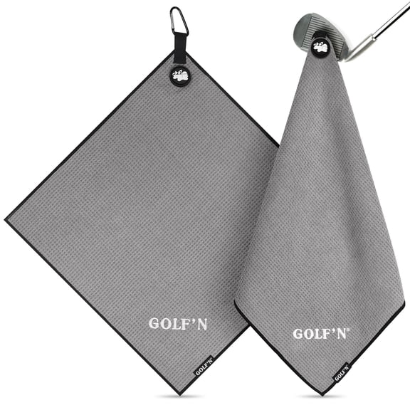 Golf'N Magnetic Microfiber Golf Towel Dark Gray 18" x 18"  with Carabiner Clip