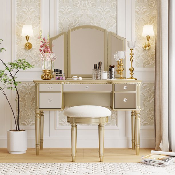 Roomfitters Vanity Desk Set with Mirror And Stool, Makeup Vanity Table With  Drawers, Dressing Table Set for Bedroom, Tri-Fold Mirror, Stool Included, Rose  Gold - Walmart Business Supplies