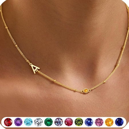 YTTAL Dainty Sideways Initial Necklace with Birthstone, 14K Gold Plated Personalized Letter Choker for Women, Customized Minimalist Jewelry Gift