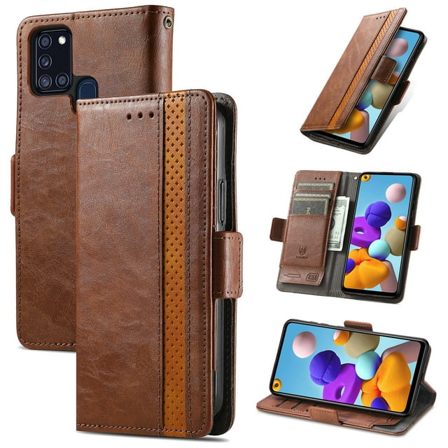 Case for Samsung Galaxy A21S Cover Leather Wallet Folio Case Book Design Flip Magnetic Closure - Brown