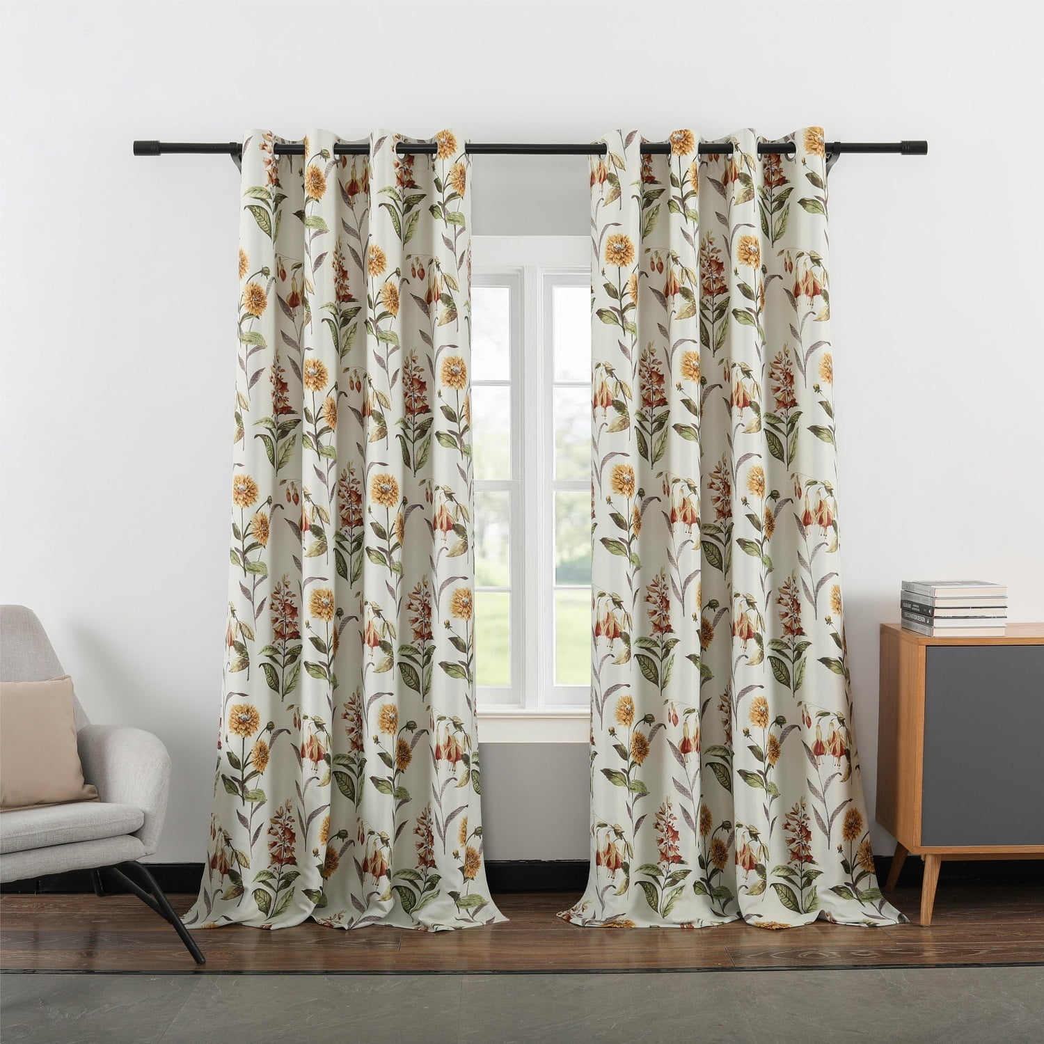 VOGOL Blackout Window Curtains for Patio Sliding Door, Classic Floral Pattern Linen Textured Room Darkening Curtain and Drapes for Bedroom, 2 Panels Set, W52xL96 inch, Yellow