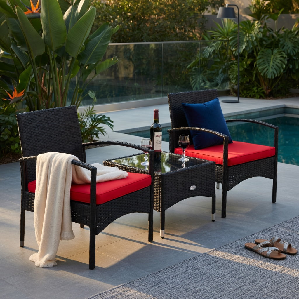 Hommoo 3-Piece Outdoor Wicker Patio Furniture Set with Weather-Resistant Cushions, Rattan Chairs & Table for Backyard, Garden, Patio, Red