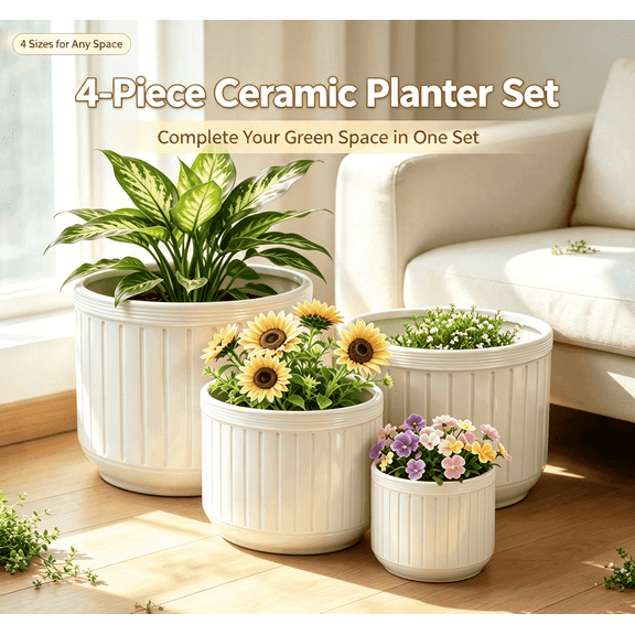 Mdj Pottery Set of 4 White Handmade Ceramic Planters, Vertical‑Line Indoor Plant Pots with Drainage Holes, 6‑12 inch Diameter for Succulents and Cacti