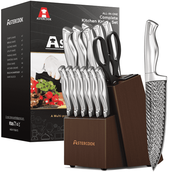 Astercook 14 Piece Kitchen Knife Set with Block and Built-in Sharpener, Full Tang Knives Sets German Stainless Steel, Dishwasher Safe Silver