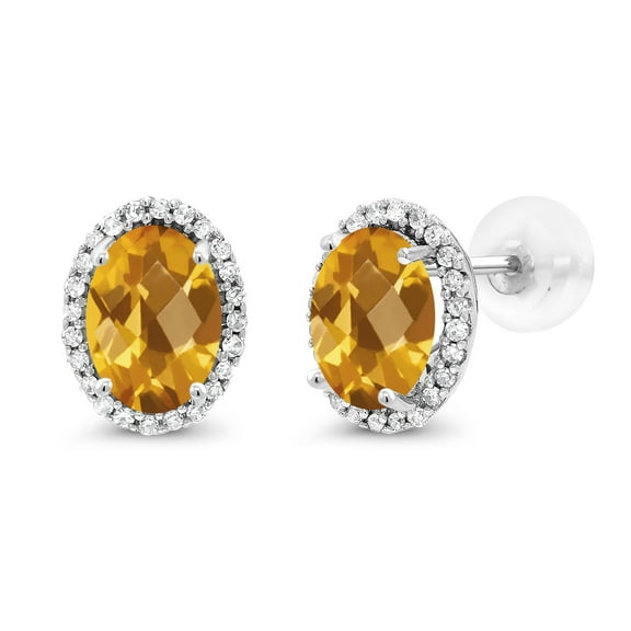 Gem Stone King 10K White Gold Yellow Citrine and White Diamond Halo Stud Earrings for Women | 1.74 Cttw | Gemstone November Birthstone | Oval Checkerboard 7X5MM