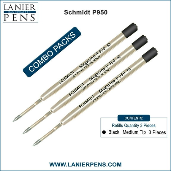 3X Schmidt P950 M MegaLine Pressurized Ballpoint Refill Black Ink Medium Tip