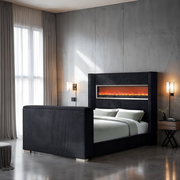 Wingback Design Upholstered 1pc Queen Size Bed Footboard w/ TV Lift FB Bed Black Color Acacia Wood Bedroom Furniture Contemporary Style