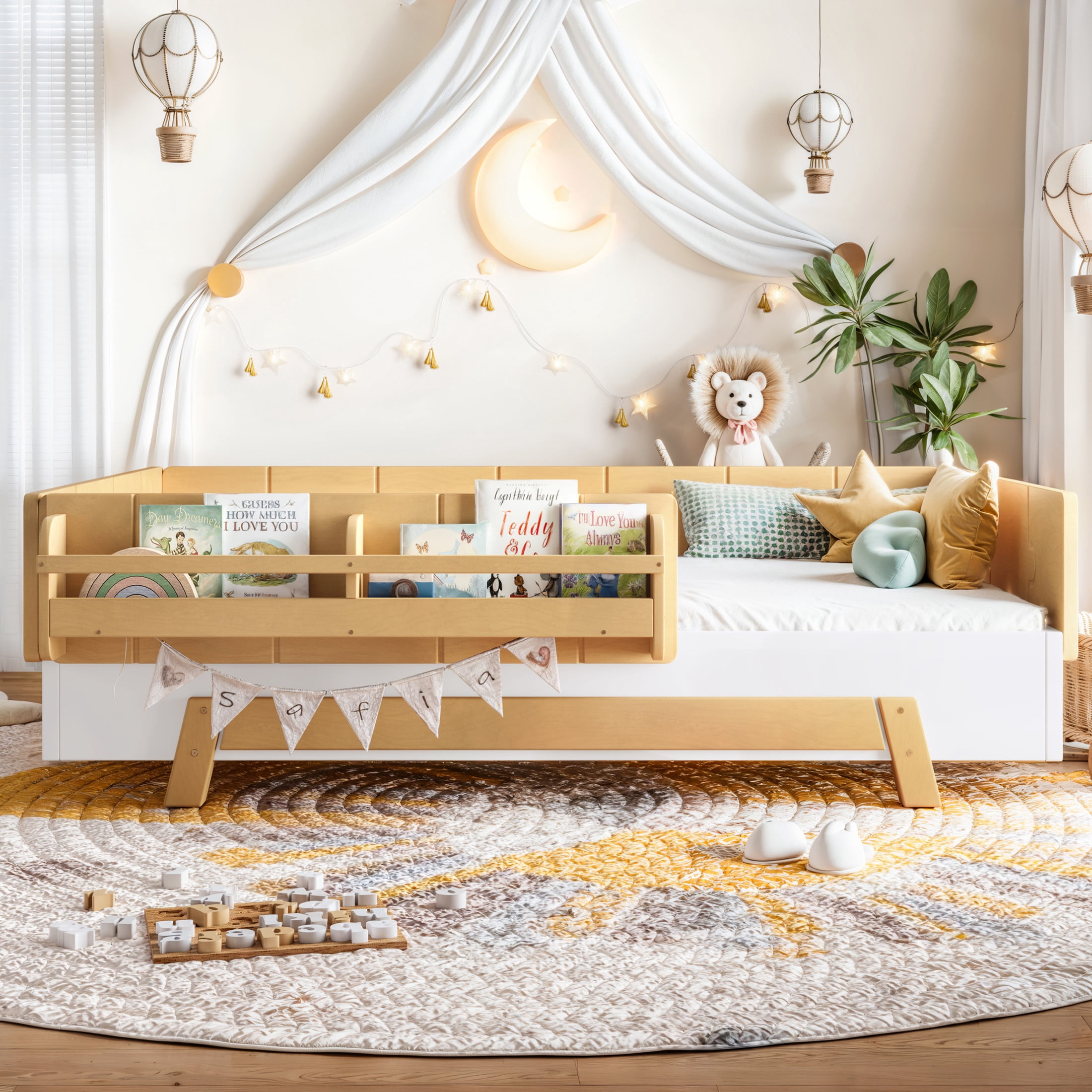 GDF Studio Twin Size Montessori Floor Bed with Guardrails & Bookshelves, Building Block Design, White+Natural