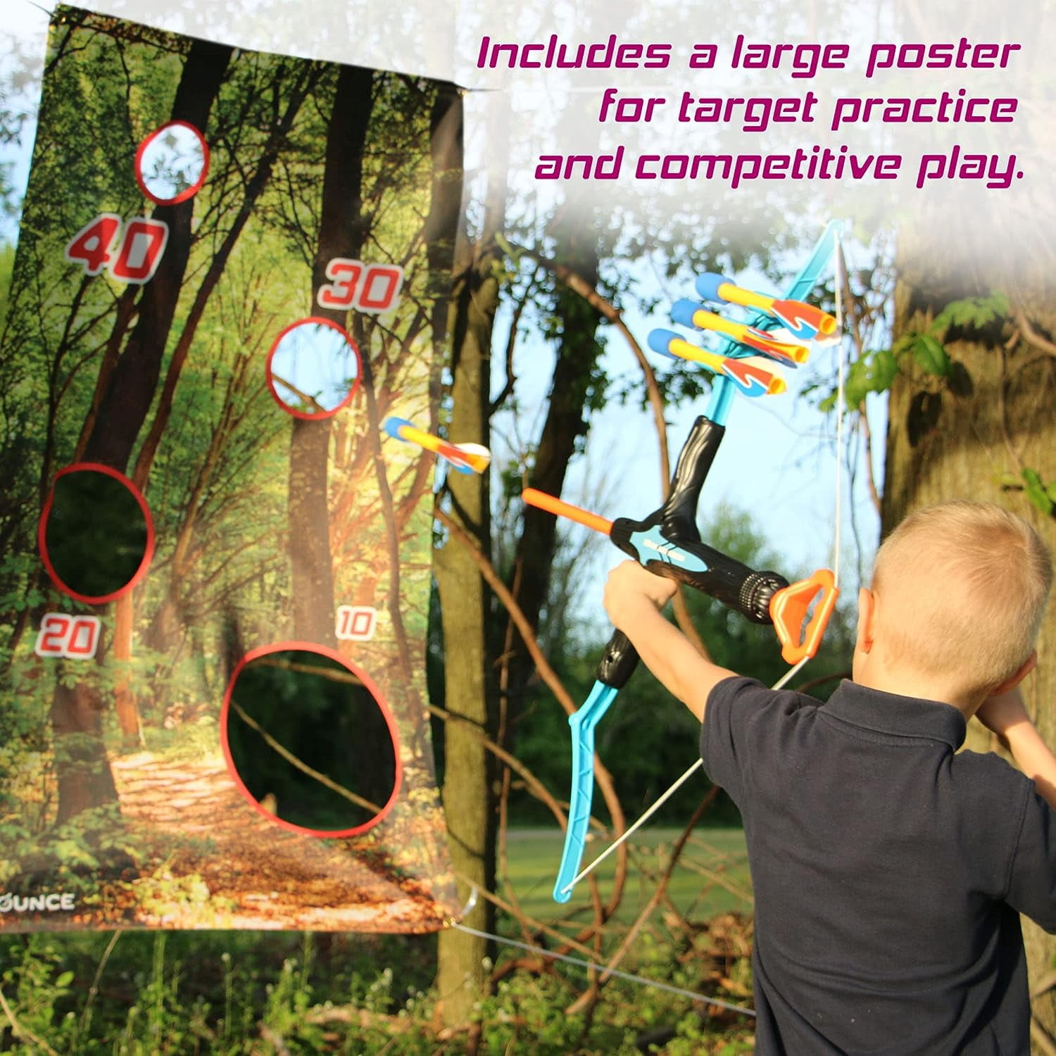 New Bounce Bow and Arrow Set for Kids, Toddler Archery Set with Target Poster, Foam Rocket Arrows, Outdoor Bow and Arrow Toy Gift for Ages 8–12
