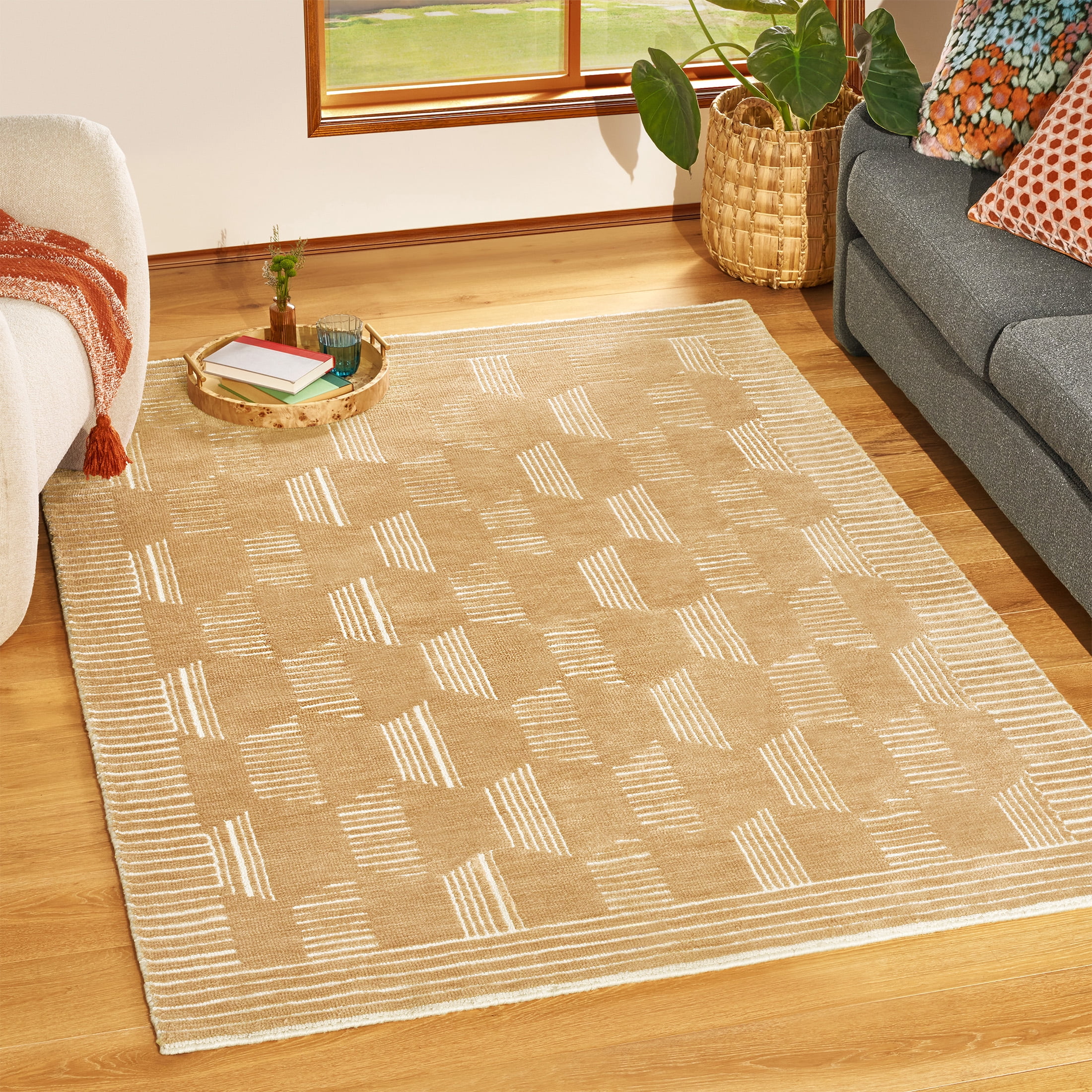 Beautiful Tufted Beige Geometric Stripe Indoor Area Rug by Drew Barrymore, 8' x 10'