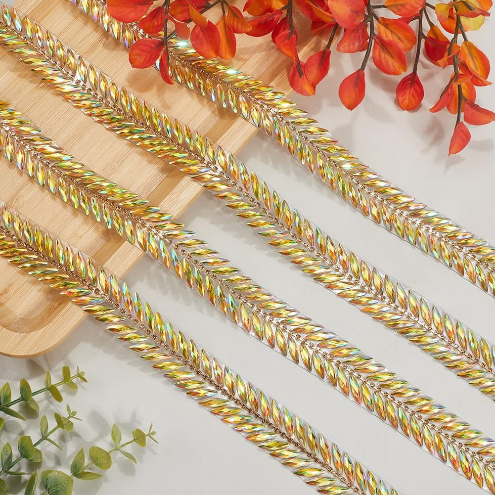 5 Yards Gold Rhinestone Hot Melt Adhesive Trim Bling Chain Strips Roll Sparkle Diamond Applique Ribbon Stickers Tape for Sewing Making Jewelry Wedding Dresses Party Decor DIY Crafts Gold