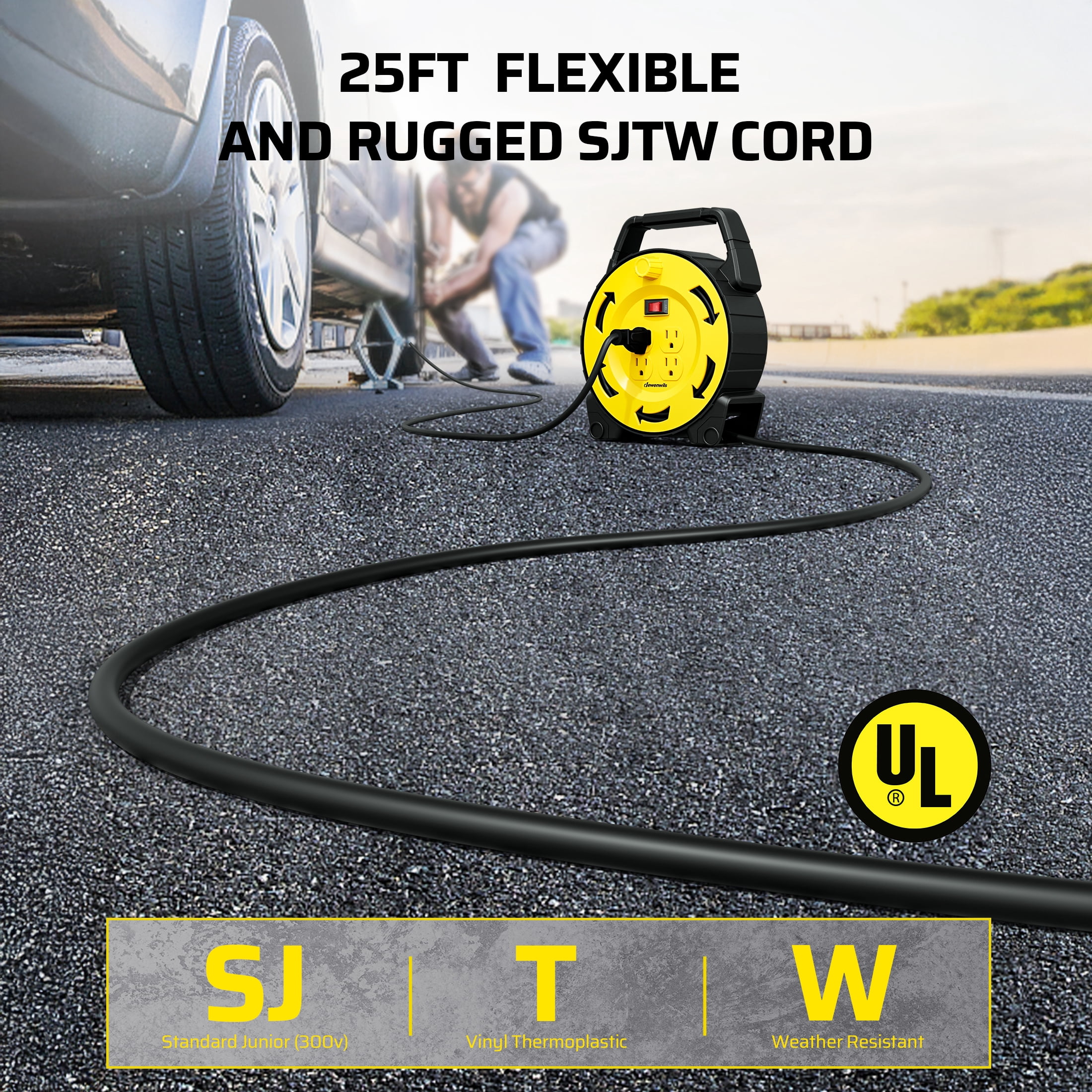 DEWENWILS Extension Cord Reel with 30 FT Power Cord, Hand Wind Retractable, 16/3 AWG SJTW, 4 Grounded Outlets, 13 Amp Circuit Breaker, Yellow Black, UL Listed
