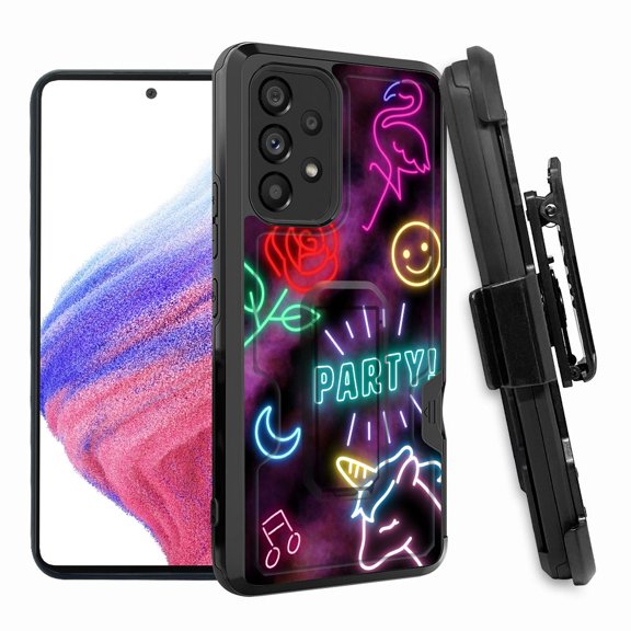 ANJ  Rugged Shockproof Hoster Case w/Card Slot, Kickstand   Tempered Glass Cover for Samsung Galaxy A33 5G - Party Neon Signs