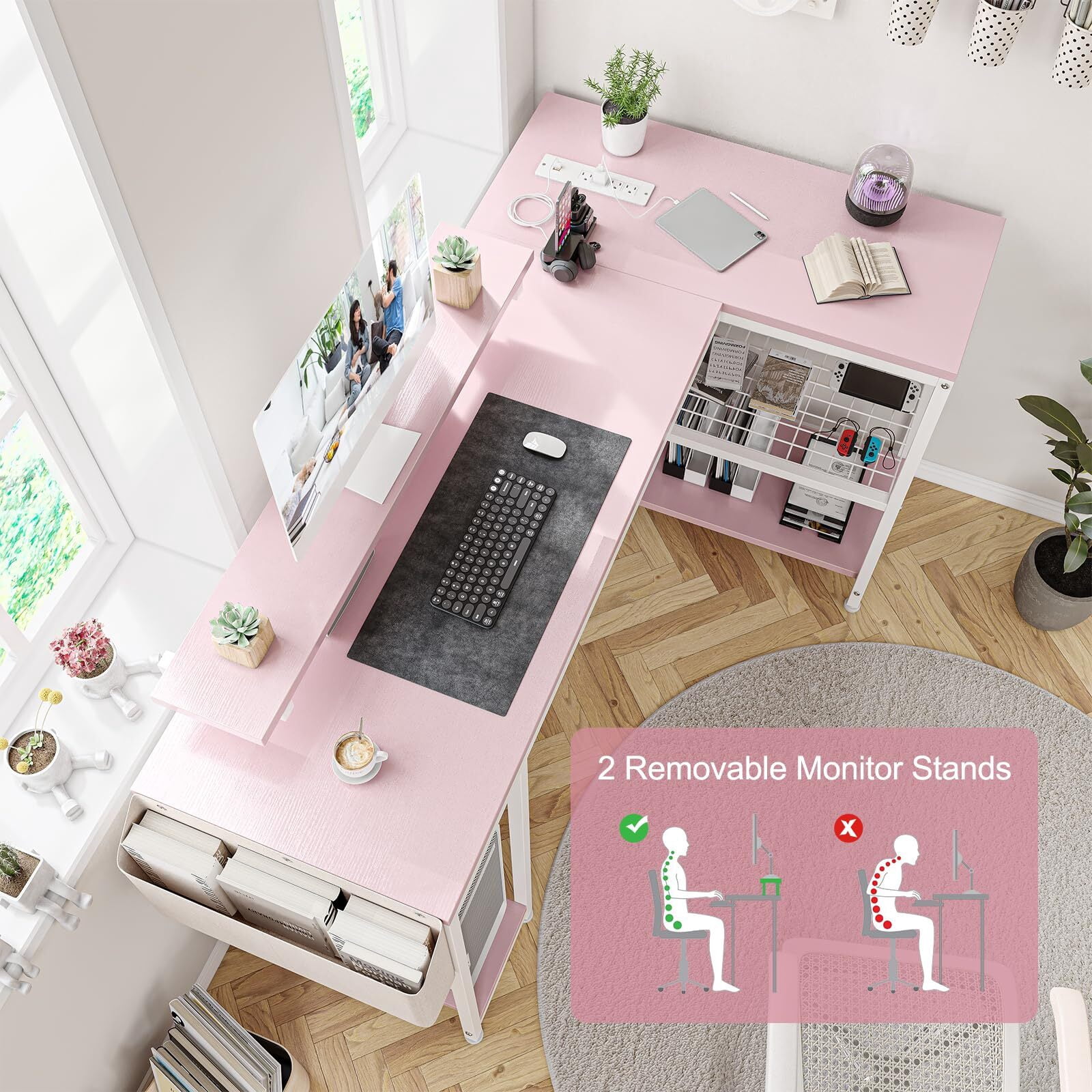 Jojoka 49.6" Reversible L Shaped Computer Gaming Desk with LED Light & Power Outlets, Corner PC Desk with Storage Shelves & Monitor Stand, Home Office Desk, Writing Desk, Workstation, Pink