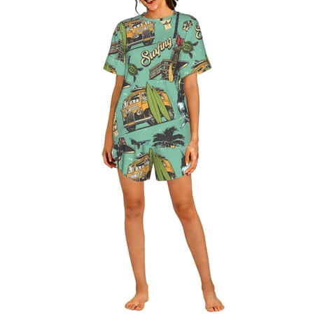 Pajamas Set Crew Neck Loungewear Sleepwear Short Sleeve Top Shorts Pj Sets Surfing Vintage Shark Hawaii Turtle Tiki