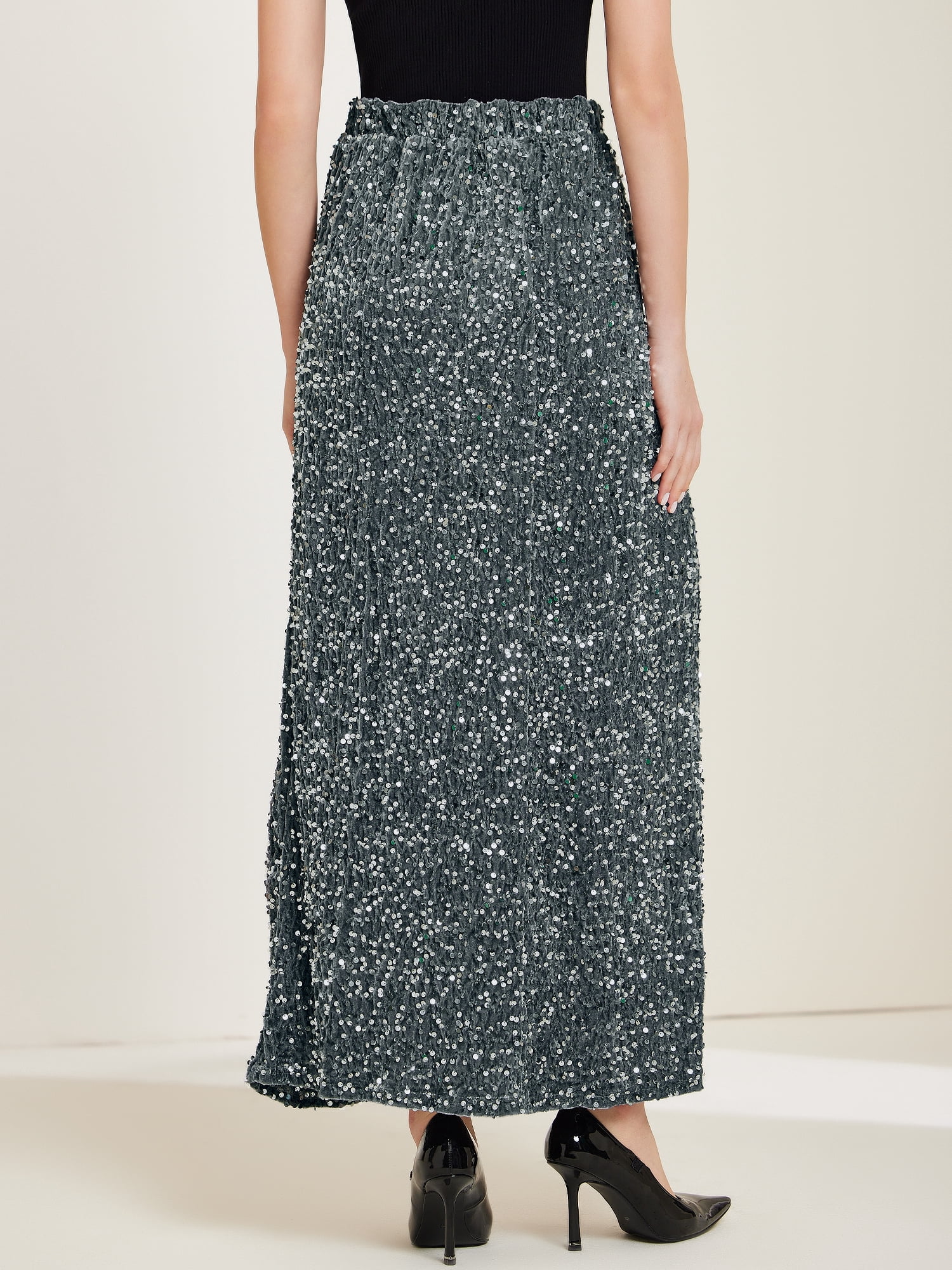 DARING DIVA Women's Sequin Velvet Skirt Sparkle Party Maxi Skirt XL Dark Gray