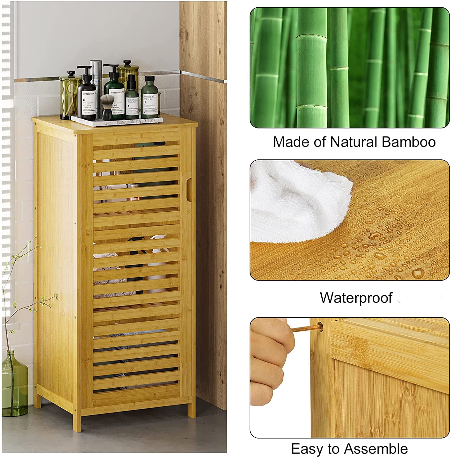 VIAGDO Bathroom Cabinet Bamboo Storage Cabinet with Doors and 3 Side  Shelves, Freestanding Floor Cabinet for Bathroom, Living Room, Bedroom,  Hallway