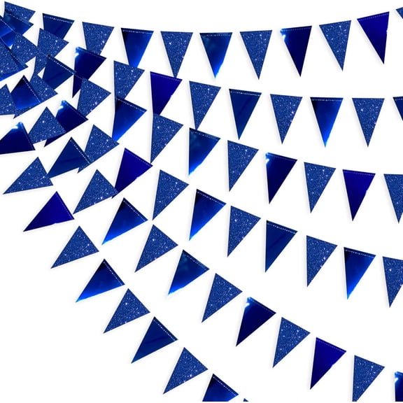 30Ft Royal Blue Party Decorations Navy Blue Metallic Glitter Paper Triangle Banner Flag Garland Pennant Bunting for Graduation Birthday Wedding Bridal Shower Ahoy Achor Nautical Theme Party Supplies