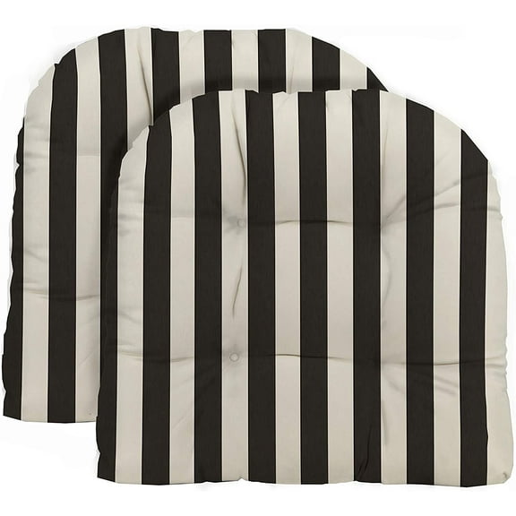 RSH Decor: 2 Tufted Wicker U-Shape Cushions | 19" x 19" | All-Weather Spun Fabric | Black & White Stripe