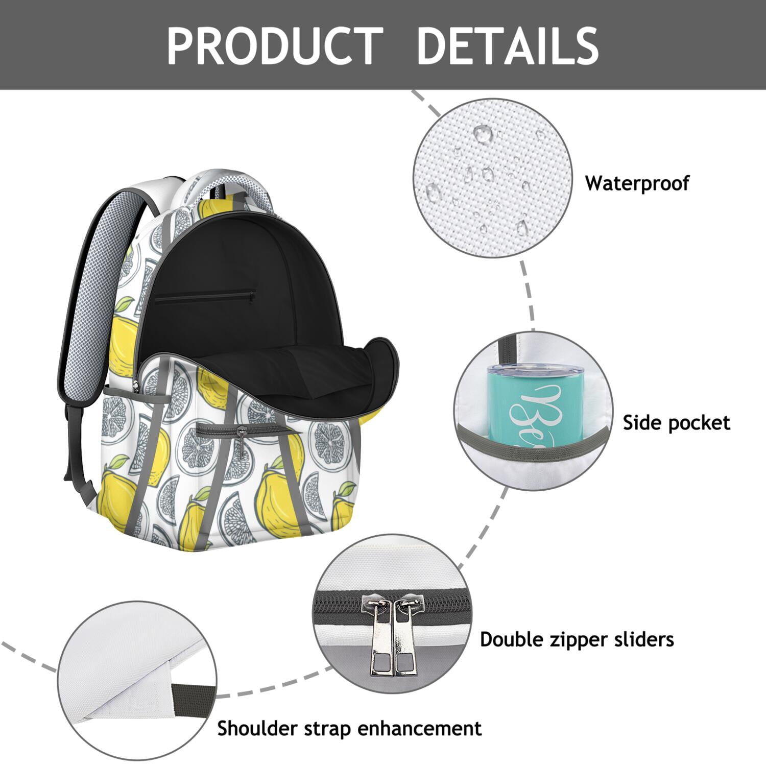 I Love Lemons Backpack - Floral & Fruit Themed Waterproof Bookbag, Breathable Mesh Straps, Padded Back Panel for Spinal Support, Ideal for Commuters