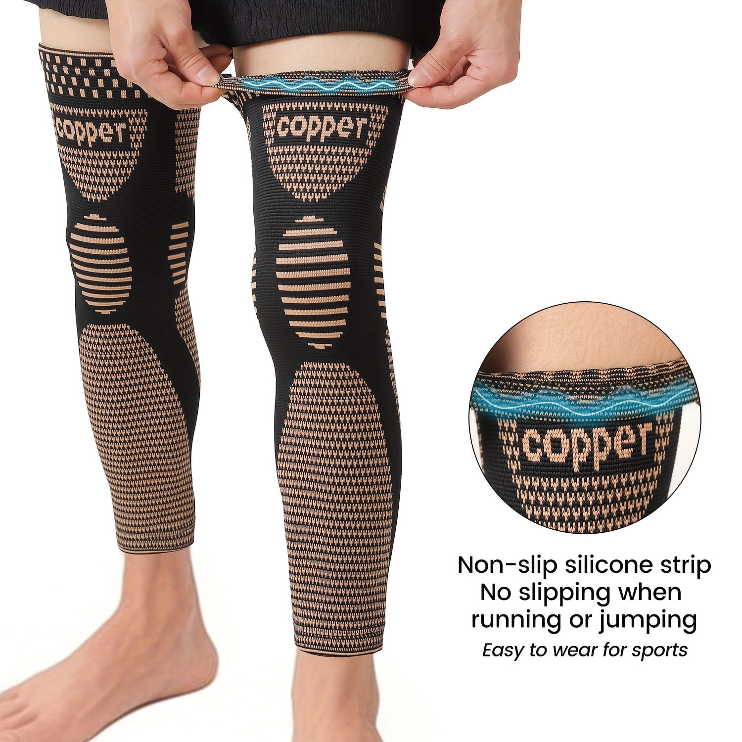 Copper Long Knitted Compression Knee Braces - Full Leg Compression Sleeves for Men & Women - Support for Exercise, Daily Life, Work, Fitness Running, Basketball, Volleyball