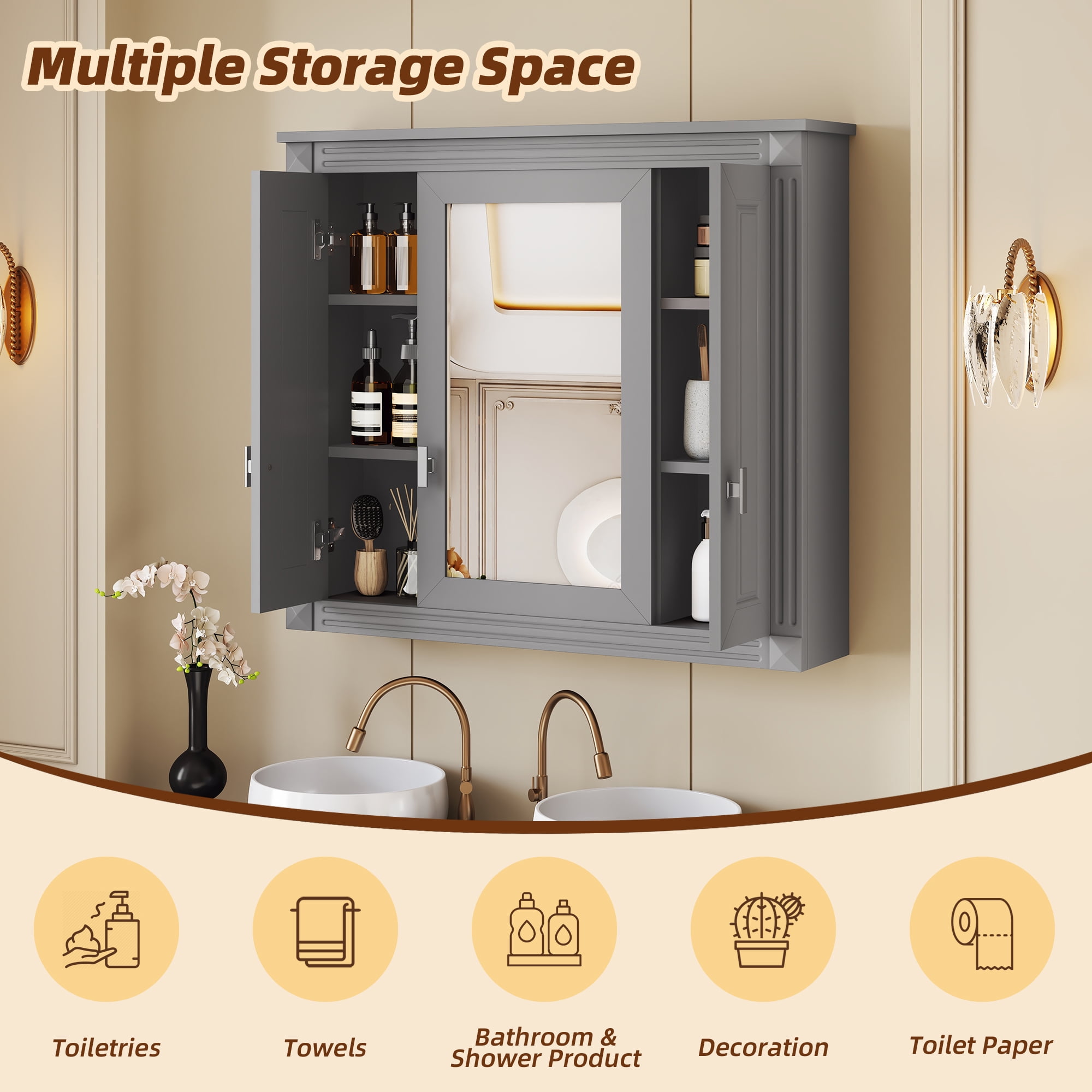 Euroco Bathroom Wall Cabinet with Mirror, Wall Mounted Medicine Cabinet with 4 Shelves, Mirrored Door Over Toilet Storage Cabinet