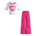 thumbnail image 1 of Afdoent Toddler Girl Clothes Girls 2 Piece Outfits Ribbed Knit Short Sleeve Ruched Crop Tops And Wide Leg Cargo Pants Set For 10-11 Years, 1 of 5