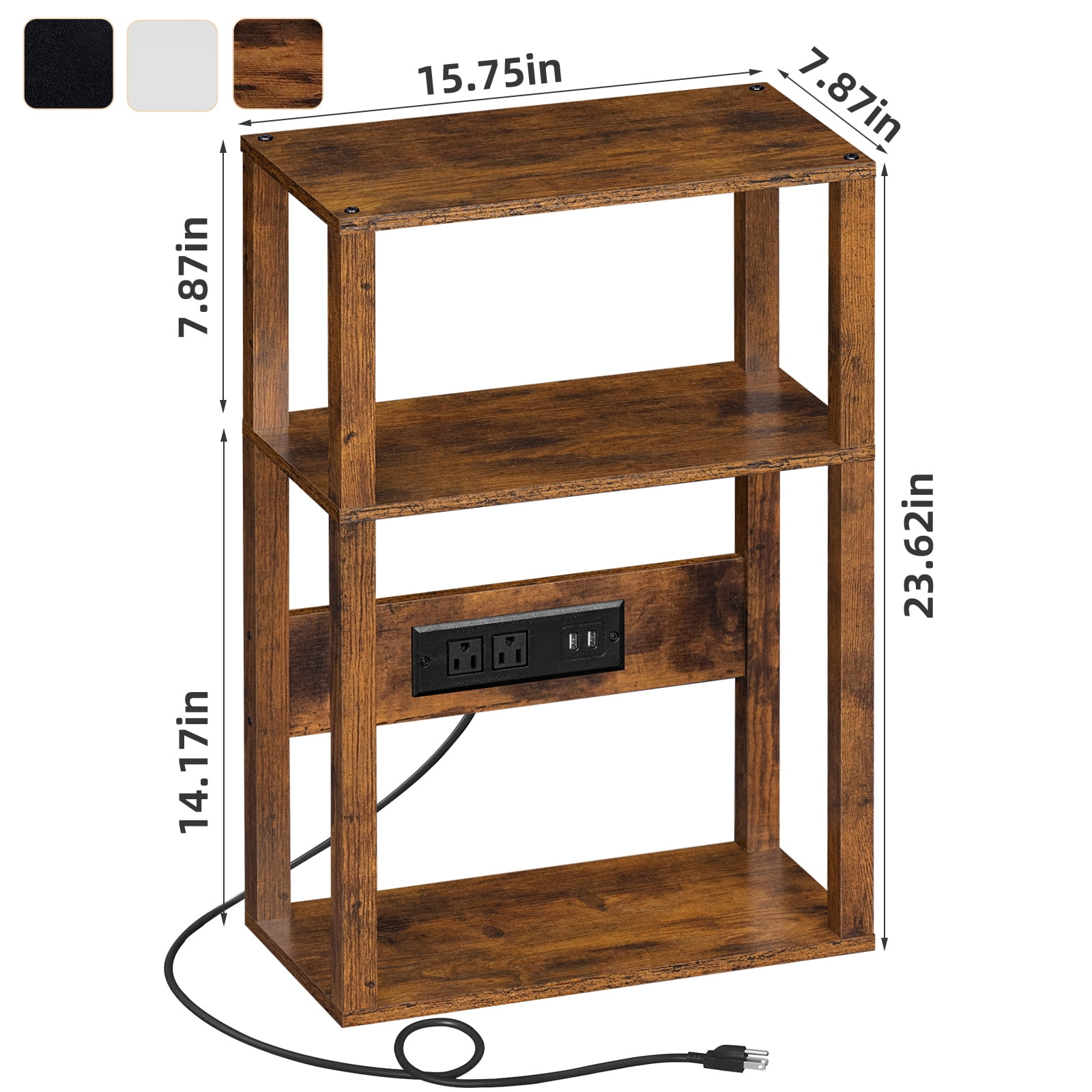 Narrow Side Table with Charging Station, 3 Tier Slim End Table with Storage Shelf for Small Spaces, Thin Tables Small Nightstand Magazine Rack for Bedroom, Brown