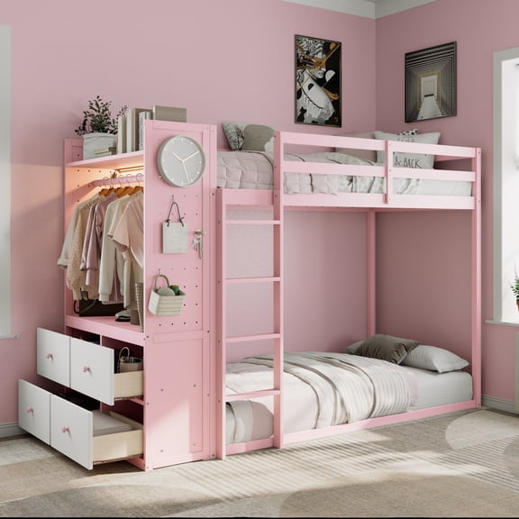 Twin Size Bunk Bed with 4 Storage Drawers, Hanging Rail, Light Strip and Built-in Shelves & Dual Pegboards, 3 Colors Available,Pink