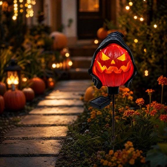 Solar Halloween Pumpkin Stake Lights, Outdoor Resin Jack-O-Lantern Garden Decor with Auto-On Led, Waterproof Pathway Yard Ornament for Patio Lawn Fall Party
