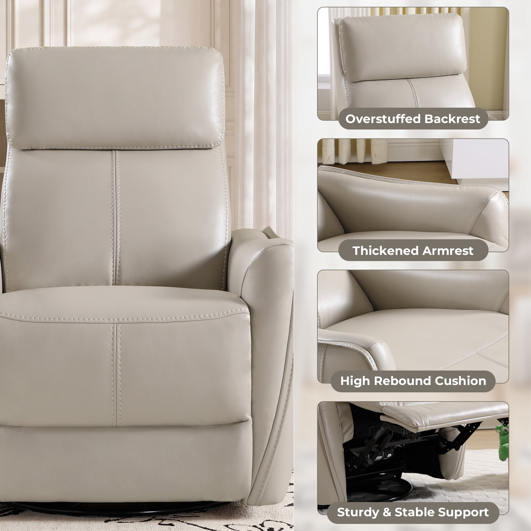 Ebello Power PU Leather Swivel Rocker Recliner, Electric Swivel Glider Chair with USB & Type-C Ports for Nursery, Living Room, Gray