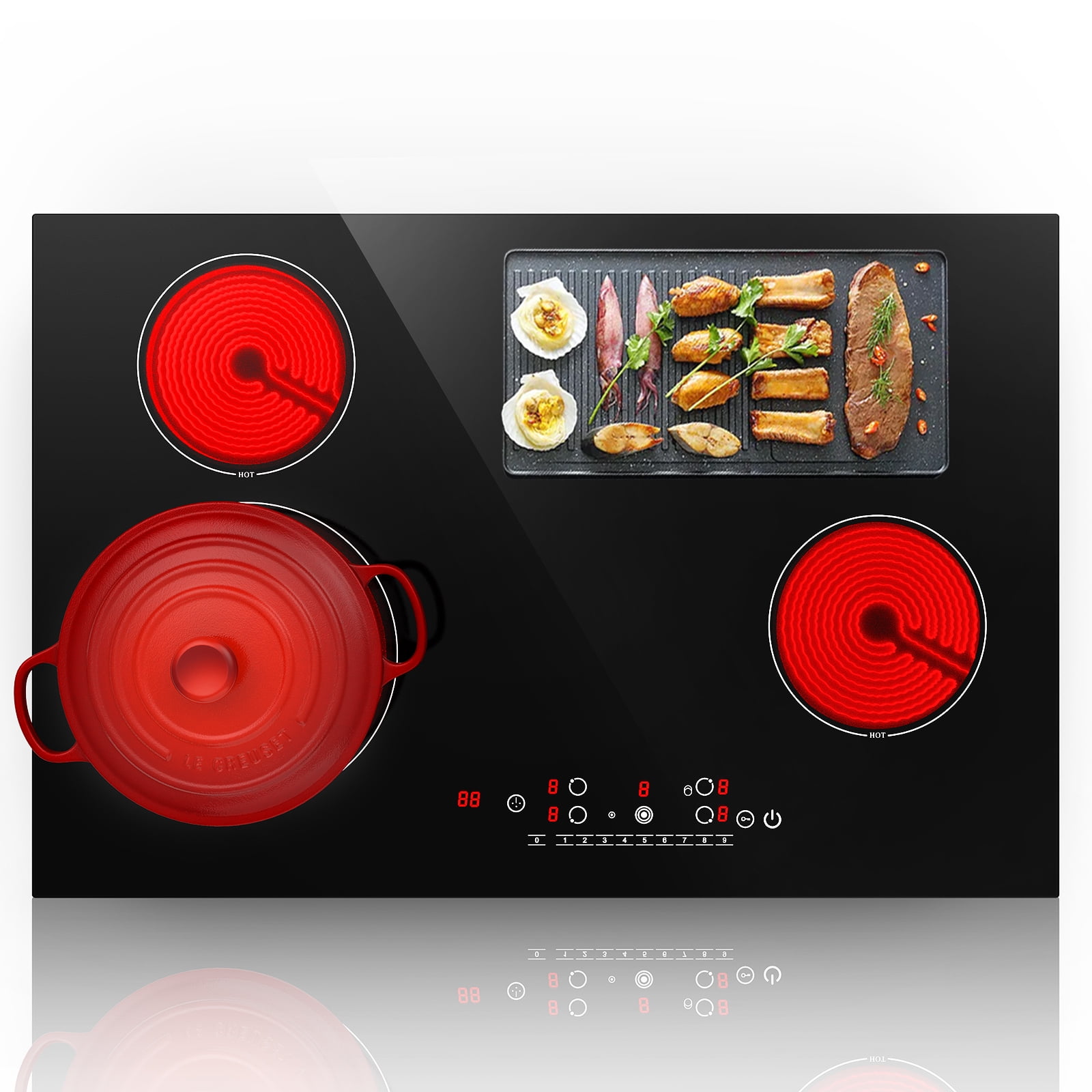 GTKZW Electric Radiant Cooktop 4 Burner 6300W Ceramic Cooktop 30 Inch Built-in Electric Stove Top with LED Touch Screen Electric Cooktop 9 Heating Level 
