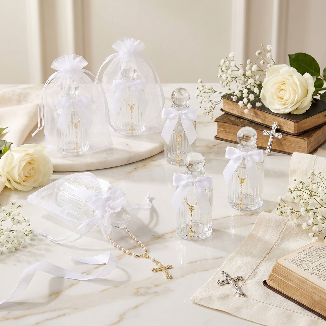 24pcs Baptism Party Supplies - Includes 12 Glass Holy Bottles And 12 Cross Rosary Bracelets - with Organza Bags (Boxed) Party Supply Set, Suitable for Weddings, Communions, Religious Events