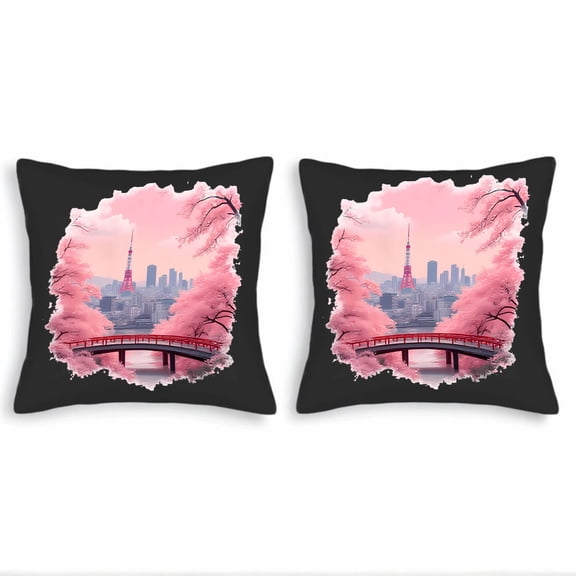 Set of 2 Square Throw Pillow Covers 18x18in - Elegant Cherry Blossom Design for Couch Bed or Car - Tranquil Floral Aesthetic