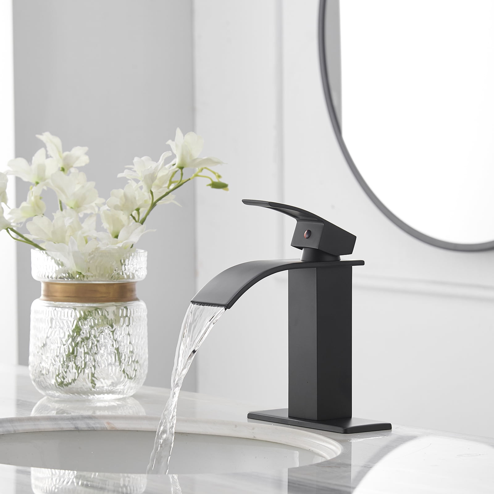 BWE Matte Black Bathroom Faucet Modern Waterfall Single Hole Faucet for Bathroom Sink Single Handle with Pop Up Drain with Overflow Assembly and Supply Line Lavatory Bath Faucet