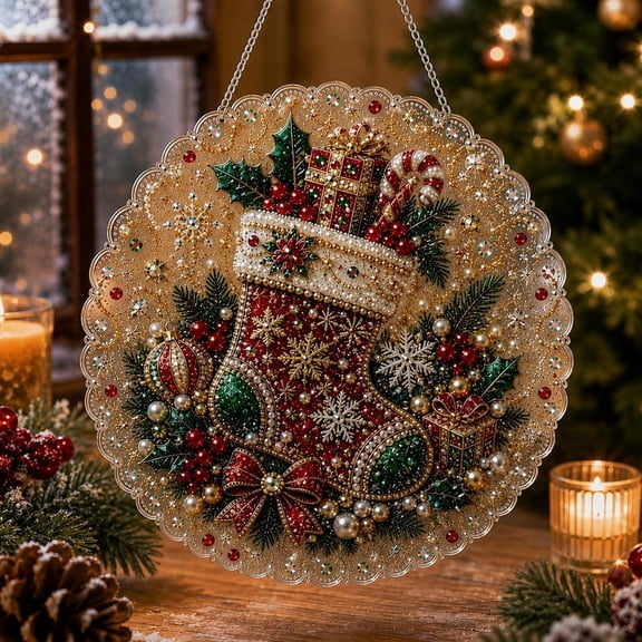 Christmas Pearl Diamond Painting Suncatcher Kit, DIY Hanging Ornament Craft with Acrylic Board, Metal Chain and 3D Pearl Beads, Holiday Window Wall Tree Decoration for Adults and Beginners