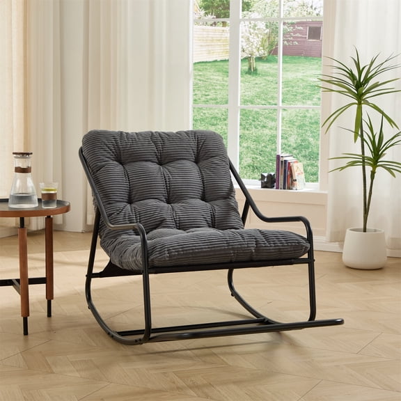 ECOBUY Outdoor Rocking Chair with Comfy Cushion, Grey Steel Frame, Adjustable Swing, 300 lbs Capacity