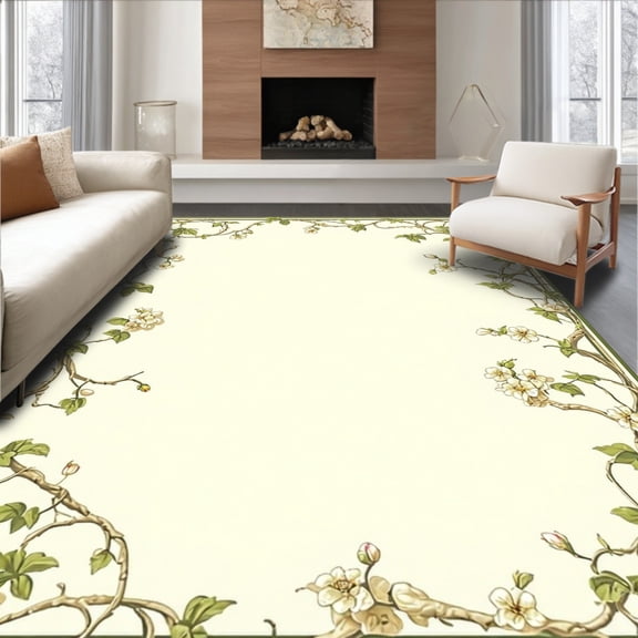 ODIKA 4'x6' Machine Washable Non-Slip Area Rug, Elegant Botanical Garden Trellis Hand Crafted Oval High Traffic Rug, Ivory, 233020
