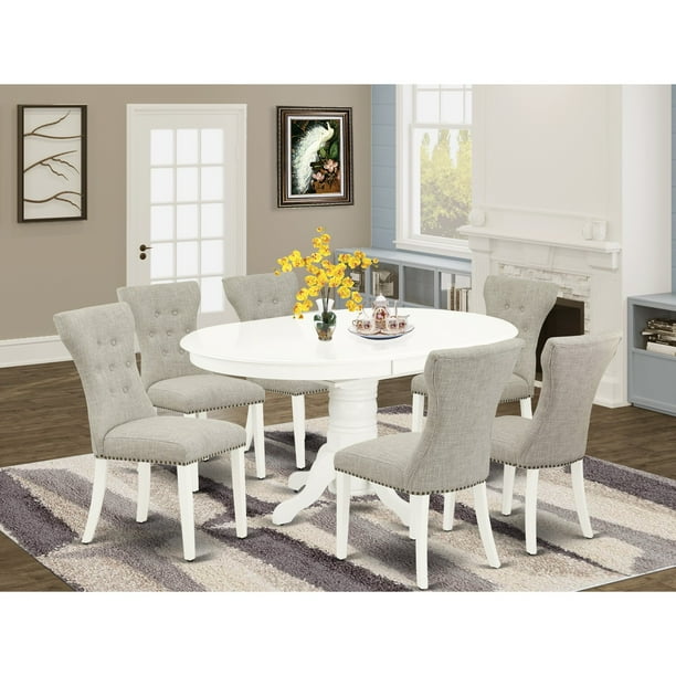East West Furniture Avga7 Lwh 35 7 Piece Dining Room Table Set 6 Parson Chairs And Erfly Leaf Solid Wood Frame High Back Linen White Finish Com Parson Dining Chairs, Round Dining Table Set For 6 With Leaf