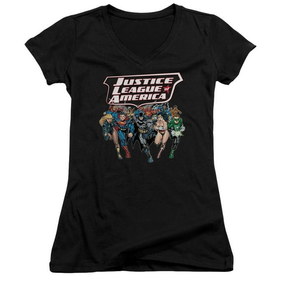JLA Justice League Charging Justice Junior Women's T-Shirt V-Neck Black
