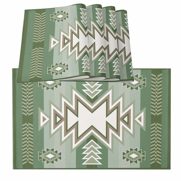 Sage Green Boho Placemats for Dinning Table Set of 4, American Native Southwest Abstract Art Burlap Kitchen Place Mats Waterproof Cloth Table Mats, Indoor Outdoor Placemats Easy Clean Dinner Decor