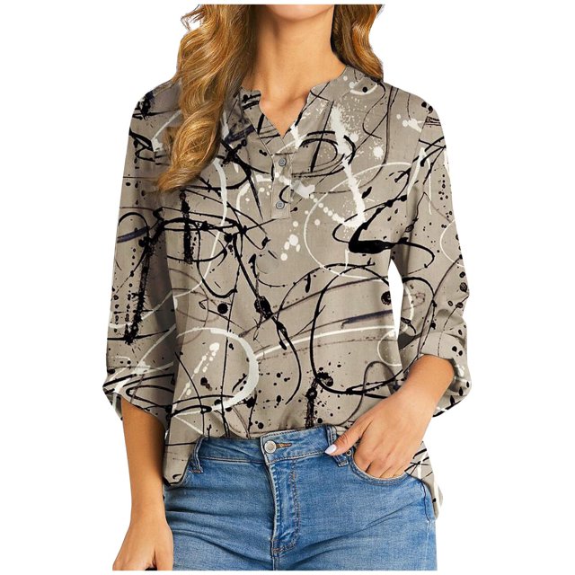 Camiseta de manga larga con cuello en V y estampado de moda de verano para mujer Fridja bvmnju4857