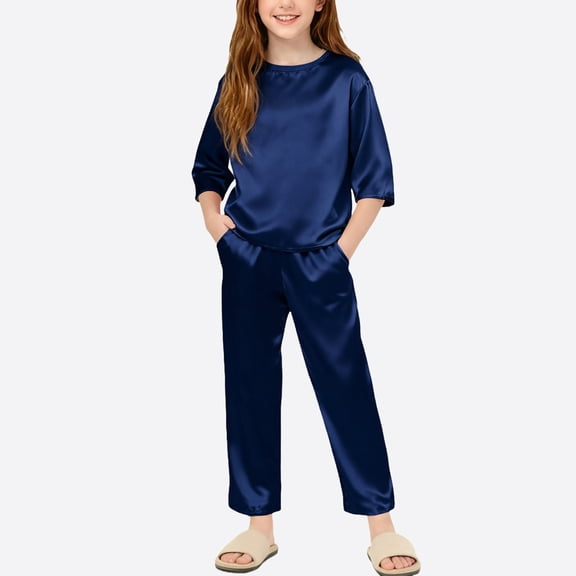 Cethrio Girls Long Sleeve Pajama Sets, Two Piece Pullover Comfy Soft Sleepwear Loungewear Navy Size 7-8