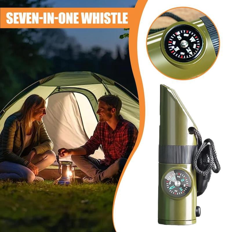 New 7 in 1 Camping Hiking Emergency Survival Whistle with Compass,Thermometer,Outdoor Whistle Camping Tools ArmyGreen Color