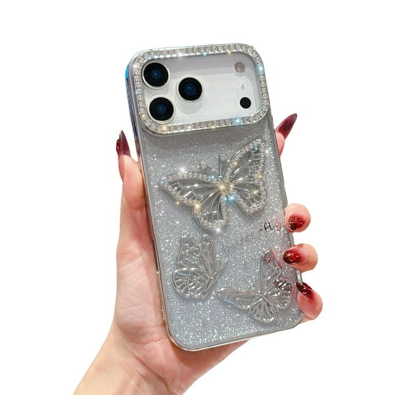Allytechgroup iPhone 13 Pro Max Case for Women Girls, Glitter Bling Diamond Stylish Butterfly Design Shockproof Anti-Scratch Luxury Phone Case Cover for Apple iPhone 13 Pro Max, Silver