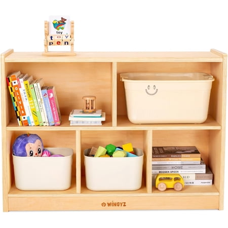 Wood Storage Shelf Organizer 35.4 L 5-Section Montessori Kids Toy & Book Shelf Wooden Cabinet for Kids Rooms Playroom Classroom Nursery Preschool Furniture - Nature