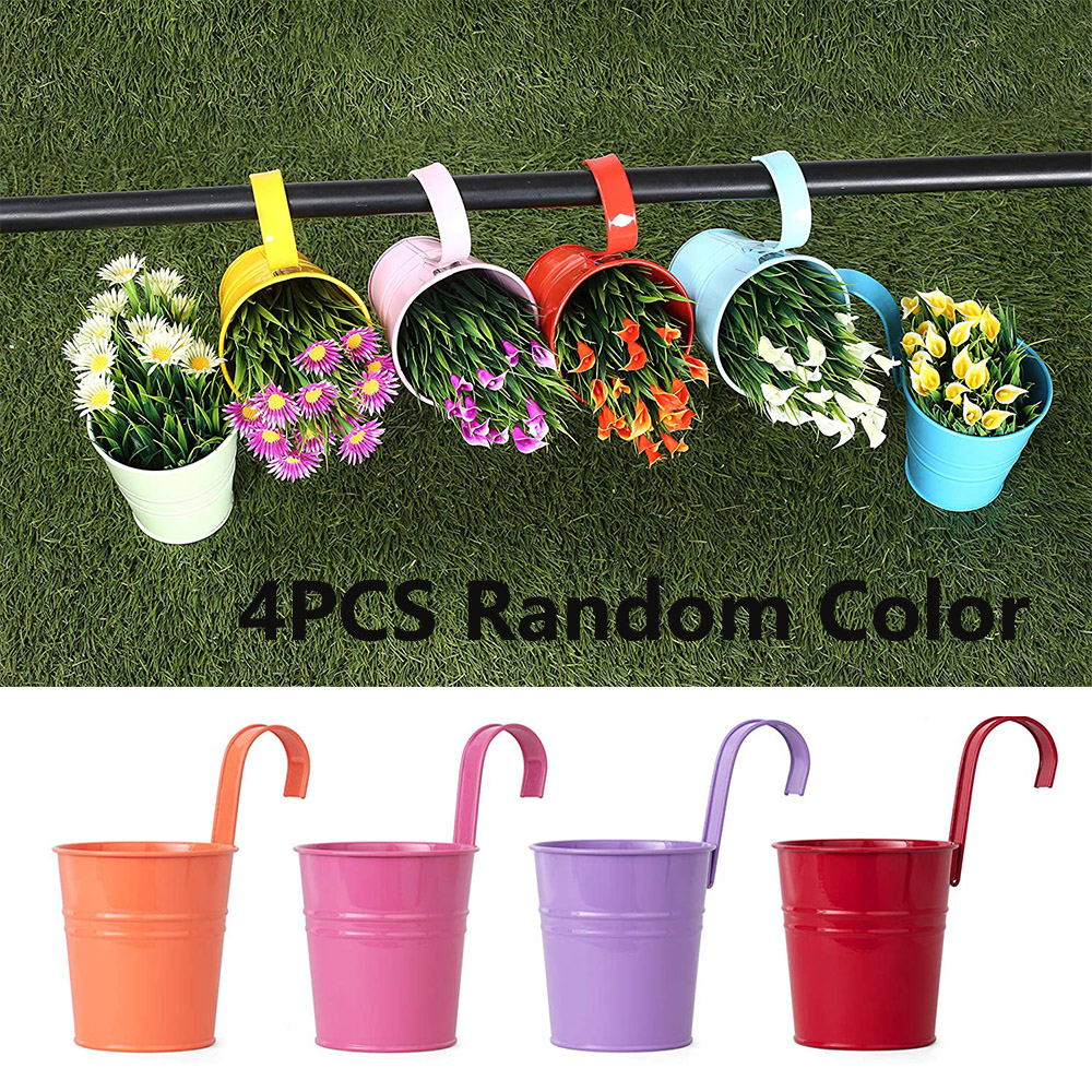 4"4 Pack Metal Iron Flower Pot Vase Wall Fence Hanging Balcony Garden