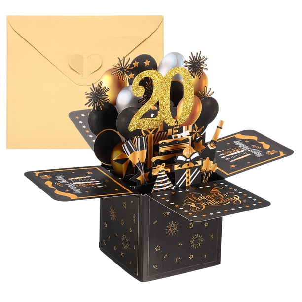 Tarjeta de cumpleaños 20 de Uxcell, tarjeta de cumpleaños emergente con tarjeta de saludo y sobre para regalo de mujer o niña, negro y dorado