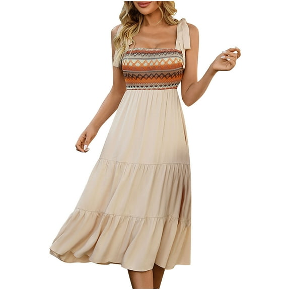 Htigea Summer Midi Dress for Women Casual Boho Sleeveless Tie Shoulder Beach Sundress Tiered Ruffle Dresses Beige,L
